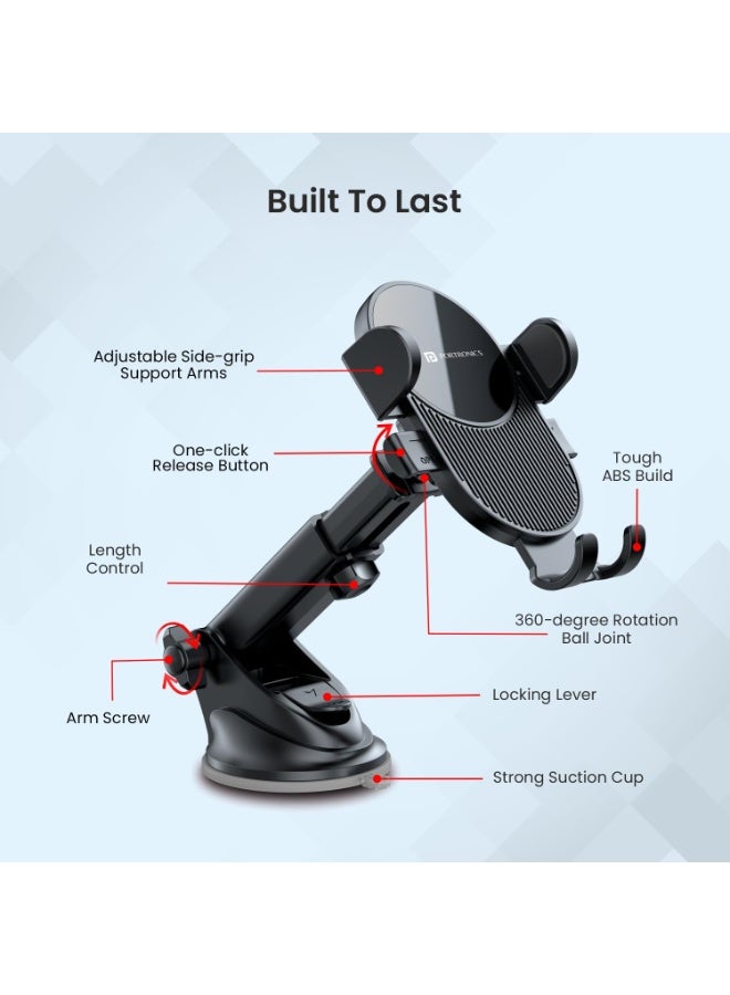بورترونيكس Portronics Clamp M3 Adjustable Car Mobile Phone Holder Stand for Dashboard & Windshield, 360° Rotational, Strong Suction Cup, Compatible with 4 to 6 inch Devices(Black) - Image 3